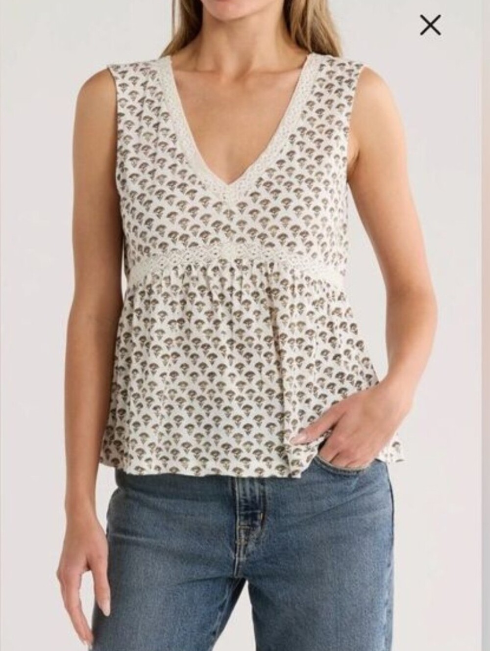 Lucky Brand Sleeveless Patterned V-Neck Tank Top Tassel Ties Size Medium Cotton